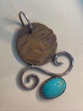 Artist Signed Sterling Silver Copper & Turquoise Native American Pendant